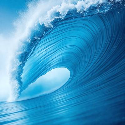 The primary subject of the image is a large, blue ocean wave. The wave is the main focus of the image, and it is captured in a close-up shot. The setting is the ocean, with the wave crashing against the water. The visual style of the image is a photo, showcasing the natural beauty of the ocean and its waves. The dominant colors in the image are blue and white, creating a serene and calming atmosphere.